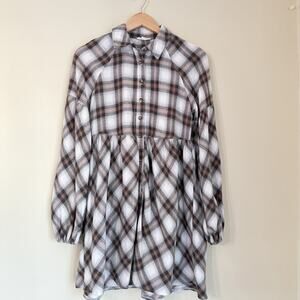 Blu Pepper Plaid Shirt Dress – Brown White Black Collared Button-Down S Short